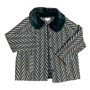 Skies Are Blue Large Faux Fur Collar Jacket Green Black Gold Leaf Pattern